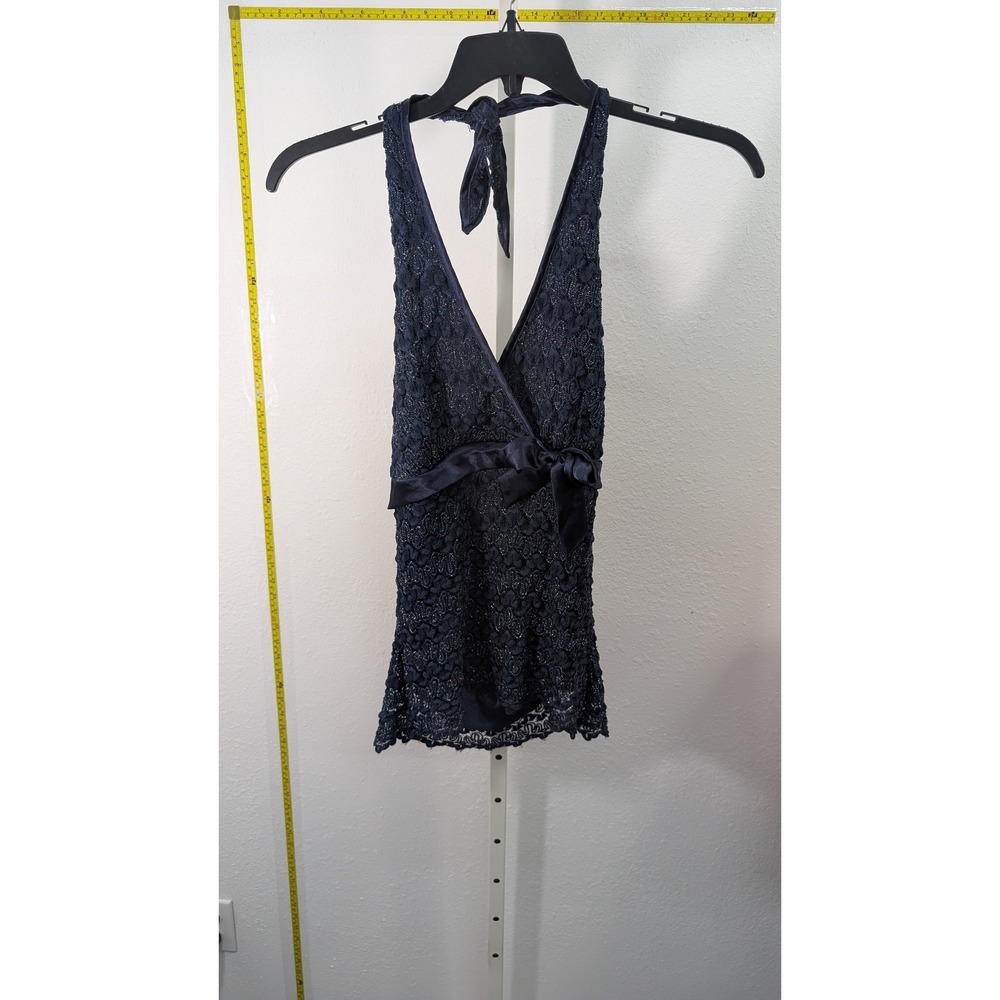 Studio 1940 Navy Blue Lace Metallic Shimmer Halter Top Backless Surplice Size M